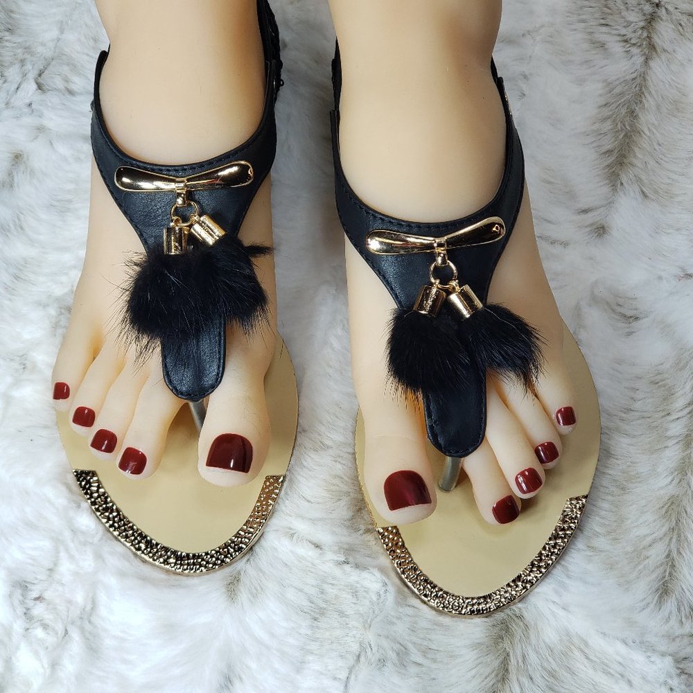 SilverDew Black Summer Sandals Faux Fur Pom Moms